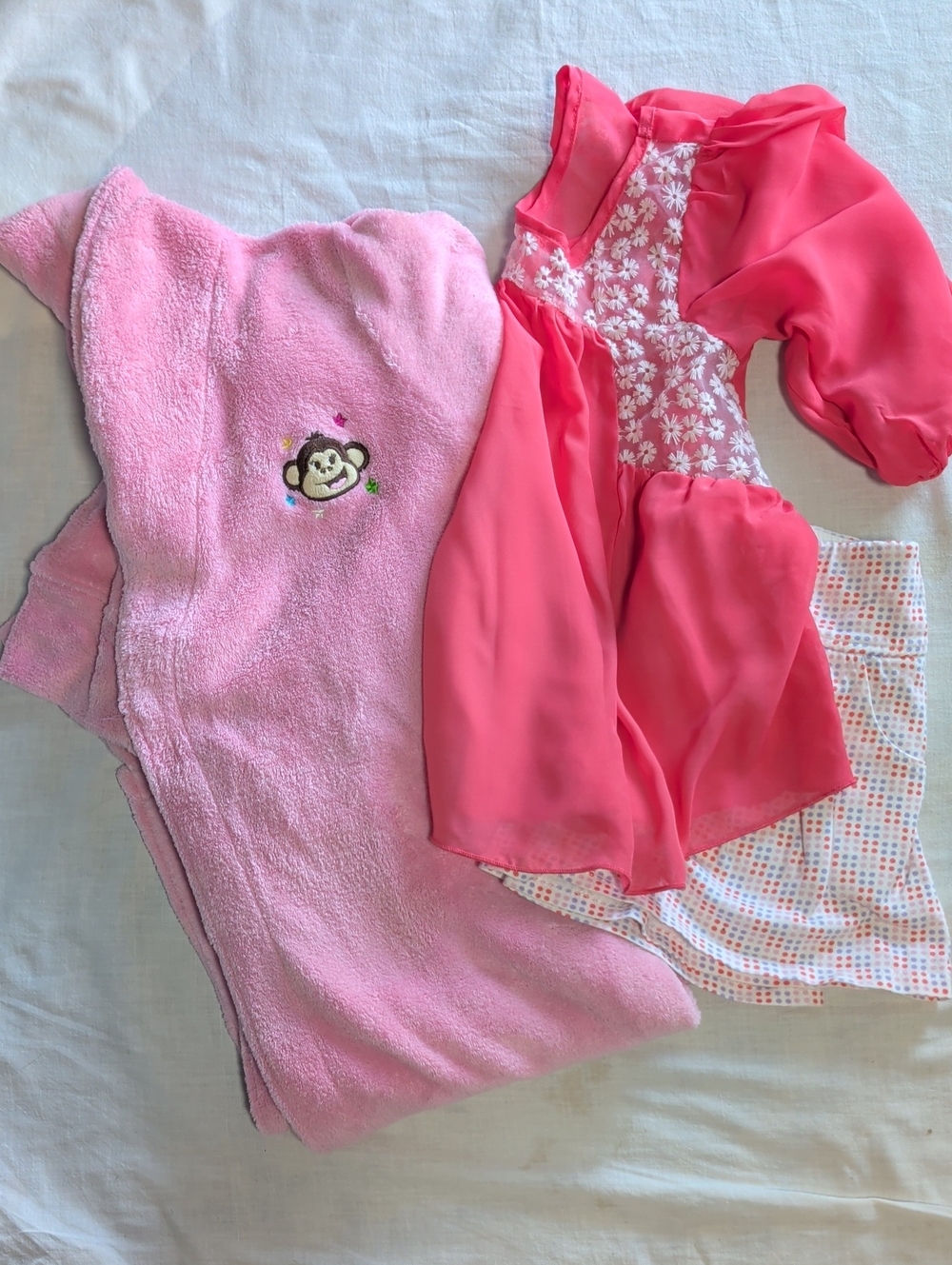 Bundle Of Girls Wear Peach Floral Satin Top with Scort &  Pink Fleece Robe
